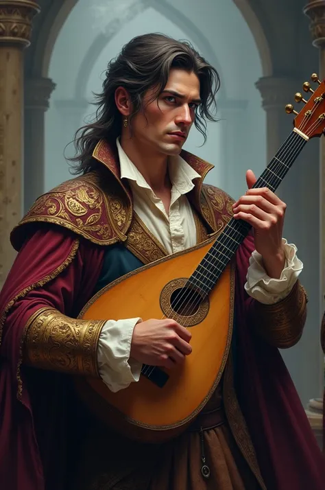 Qeeren bard man with a lute in his hand very handsome with magical symbols on his arms 