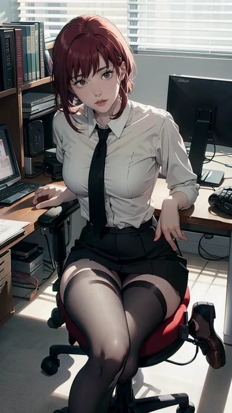 Woman, Secretary, face perfect, beautiful  face, shorth hair, white dress shirt, Black Skirt, transparent pantyhose, pretty legs, pose sexy, sitting on an office chair, 4 k realistic, Redhead, spreading her legs showing off her white panties 