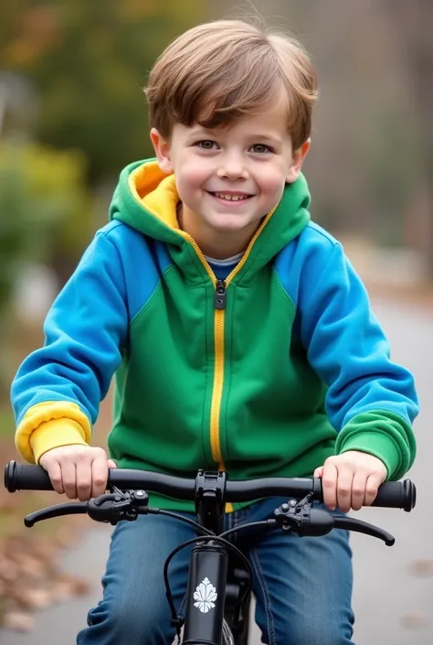 Photograph of a seven year old boy sitting on the electric bike with brown blonde hair............, brown eyes, white skin, The boy was wearing a blue, green and yellow sweatshirt..... ......... 