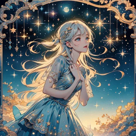 1fairy,Highly detailed face、(((Best Quality、Masterpiece、Official Art、Super detailed、32K、Full HD、CG、High definition)))、The best composition、Golden Ratio、Dramatic lighting、Best lighting、Crescent Moon、star、流star群、star空、starの妖精、Milky white hair、Absurd、Fantasy、...