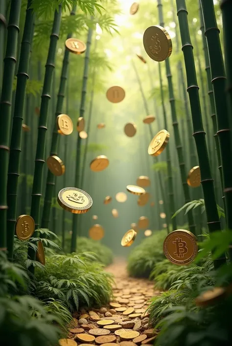 Many coins with B139 symbol flying in the vast bamboo forest