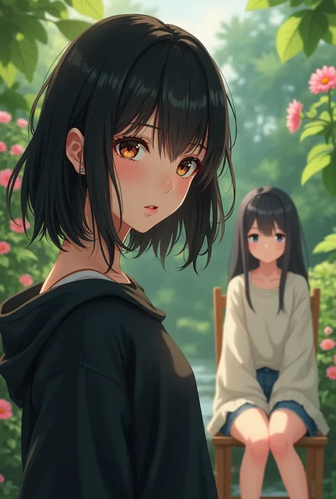 Image of a light brunette girl with black hair (), brown eyes, with a loose black sweatshirt with a garden background looking straight ahead at an anime girl sitting on a chair 