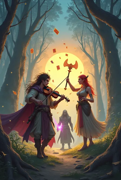 A fantasy-style digital illustration banner featuring several RPG characters. Hector, a man with brown skin, long messy brown hair with a white streak, is playing a violin with glowing cards floating around him. Next to him stands Morgan, a tall warrior wi...