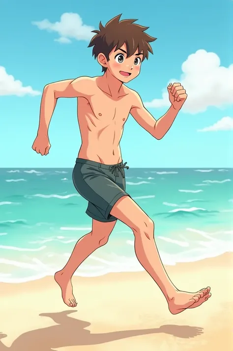 Make a simple drawing of a teenage boy , 1,63m tall and 54kg. They are just in shorts having fun on the beach, has a ± thin body, and the image is a simple sketch for drawing, anime style, he is straight 
