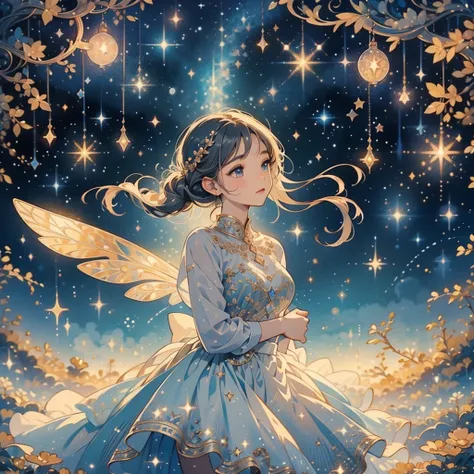 1fairy,Highly detailed face、(((Best Quality、Masterpiece、Official Art、Super detailed、32K、Full HD、CG、High definition)))、The best composition、Golden Ratio、Dramatic lighting、Best lighting、Crescent Moon、star、流star群、star空、starの妖精、Milky white hair、Absurd、Fantasy、...