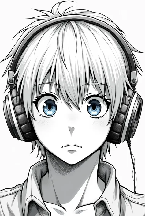 A boy with blond hair and blue eyes, straight hair, with a calm face, with headphones in his ear. Manga style. Detailed face like a male manga from the front. Type and Kenny from South Park, teenager. Manga style, white and black. 