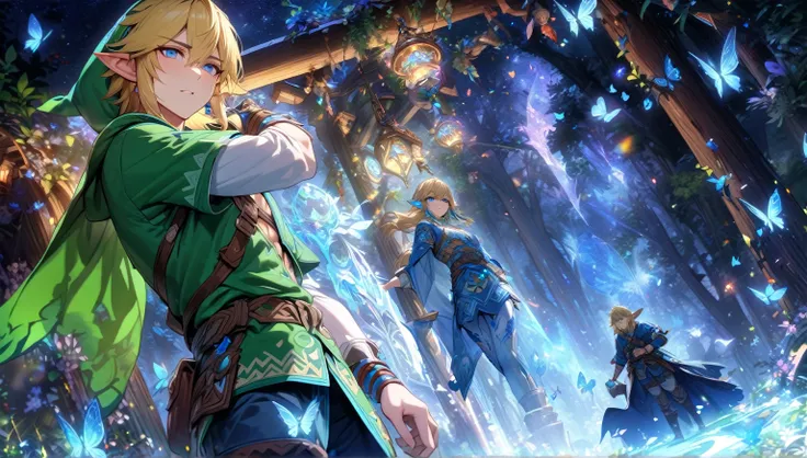 absurdres, highres, ultra detailed, HDR, master piece, Link, blonde hair, expressive blue eyes, blue clothes, sexy man, solo, best quality, The Legend Of Zelda (Breath Of Wild), fantasy, magical, sensual, glittering, accessories, handsome, adult face, blue...