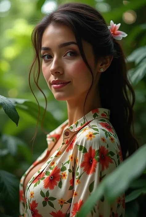 A Brazilian woman in a lush tropical garden, wearing an open shirt with a floral print, with a close-up capturing the harmonious beauty between her breasts and the natural flowers, showing off your natural charm and outgoing personality.