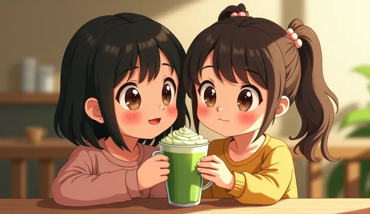 two little girls enjoy green tea latte