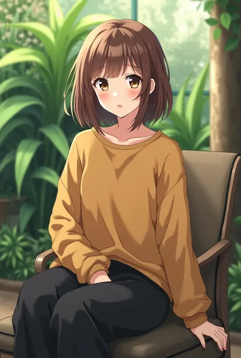 Image of an anime girl who looks 20 years old, light brunette sitting on a chair with BLACK hair (), dark brown eyes , with a loose mustard-colored sweatshirt with loose black pants against a background of a garden facing forward 