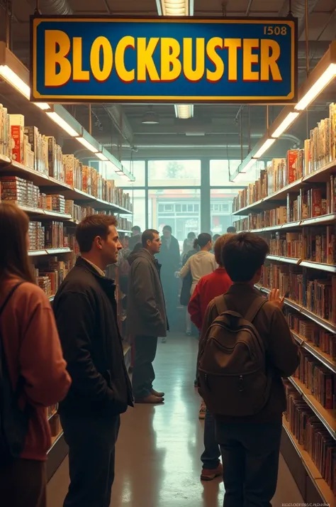 People standing near shelfs in a blockbuster store