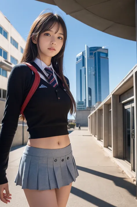 ((8k)), ((Natural Light)), ((High definition)), ((Best Quality)), ((Realistic)), ((beautiful girl)), ((School building in a futuristic city)), ((mini skirt)), ((School Idol)), ((Medium chest)), (()), (()), (()), (()), (())