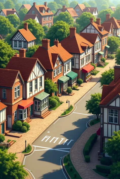 Create a neighborhood of 7 horizontal and vertical streets with English names and put 4 houses and some businesses
