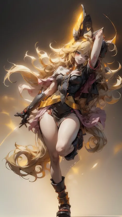 anime, Women, only, long hair, They are smiling, under the breasts, golden blonde hair,  messy straight hair, frizzy hair,  golden yellow eyes, full body,  horse ears, Punk rock ensemble,