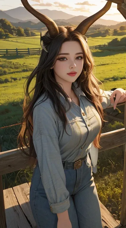 (best quality,4k,8k,highres,masterpiece:1.2),ultra-detailed,(realistic,photorealistic,photo-realistic:1.37),beautiful detailed eyes,beautiful detailed lips,extremely detailed eyes and face,longeyelashes,1girl,cowgirl,busty,wide hips,thick thighs,small horn...