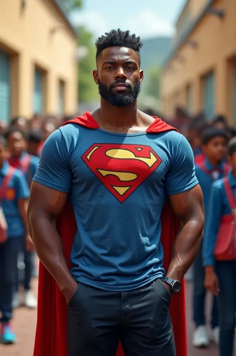 Black Male Social Worker at School, wearing a superman t-shirt
