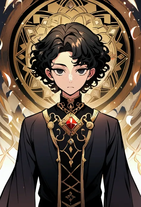 Boy with black eyes and short black curly hair with freckles, the arcana game style