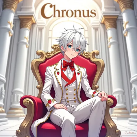 Anime boy, white haired, blue green eye 
color, wearing prince 
attire color white with red and pink, strawberry design, red bow tie, looking at the right side, sitting on the 
throne, in a white palace background with a text "CHRONUS"at his back