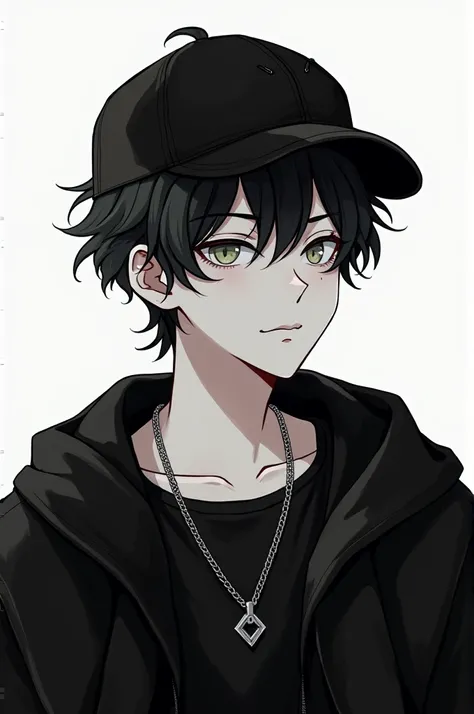 Create a character with these characteristics: teenager</input></xml>, man ,black hair, voluminous, com o corte low fade. Two rich people on the right eyebrow,light eyes,plaboy style, do not use any chain,just a thin one on the neck,all in black . with cap...