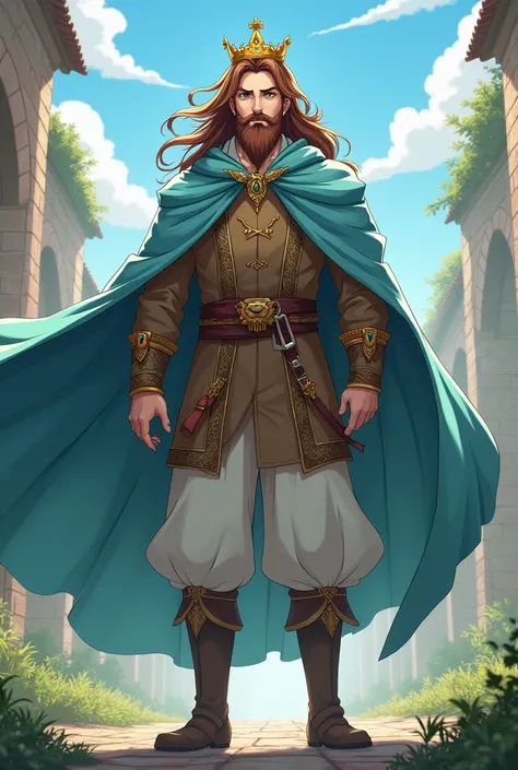 a medieval king in anime style with a crown on his head with a light blue cloak a brown beard long brown hair a brown jacket decorated with golden threads brown boots and white pants green eyes