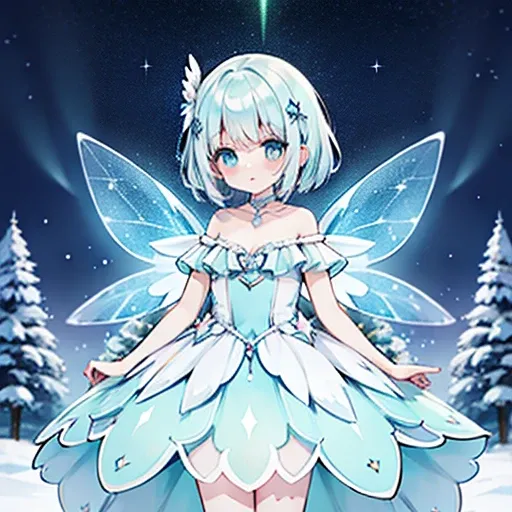 Fairy girl, fly in the sky, shining color as Aurora, Clear white skin, precure, pastel Aurora color, A dress made of light, Aurora, colorful eyes, Silver hair made of light, Short Hair, Silver Crown, transparent Aurora fairy wings with frost, flying, Auror...