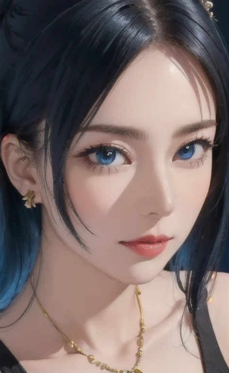 (masterpiece:1.4, Best Quality), (intricate details), unity 8k wallpaper, Very detailed, beautifully、Midea, Perfect lighting, (One person), (Blue Hair, blue eye, Medium Chest),, Dynamic pose, Dynamic Angle,  lipstick, slim, slim body, Medium Chest, , Detai...