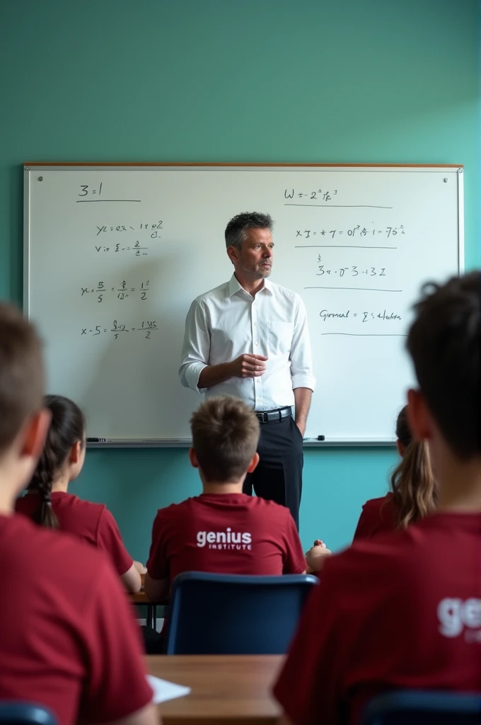 A teacher is teaching, who is wearing white shirt and black pent, he has white board, he his maths teacher, he wall pant colour is turquoise, he is 30 yrs old, his students are wearing dark red coloured t shirt, in the back of their T shirt Genius Institut...