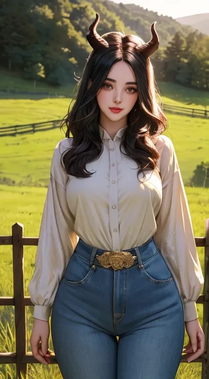 a beautiful cowgirl with detailed eyes, full lips, and long eyelashes, busty figure with wide hips and thick thighs, small horns, in a cinematic rural countryside setting with rolling hills, wooden fences, lush greenery, dramatic golden hour lighting, vibr...