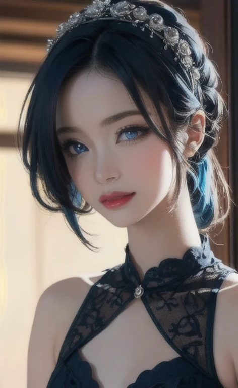 (masterpiece:1.4, Best Quality), (intricate details), unity 8k wallpaper, Very detailed, beautifully、Midea, Perfect lighting, (One person), (Blue Hair, blue eye, Medium Chest),, Dynamic pose, Dynamic Angle,  lipstick, slim, slim body, Medium Chest, , Detai...