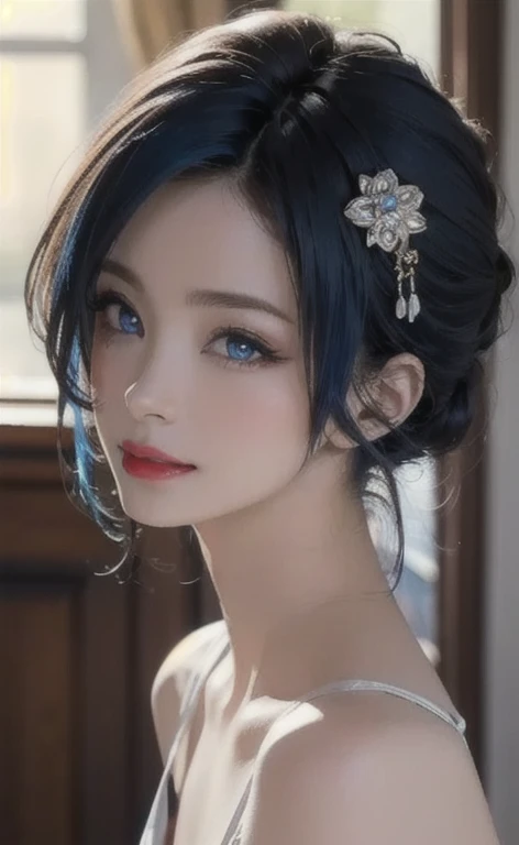 (masterpiece:1.4, Best Quality), (intricate details), unity 8k wallpaper, Very detailed, beautifully、Midea, Perfect lighting, (One person), (Blue Hair, blue eye, Medium Chest),, Dynamic pose, Dynamic Angle,  lipstick, slim, slim body, Medium Chest, , Detai...