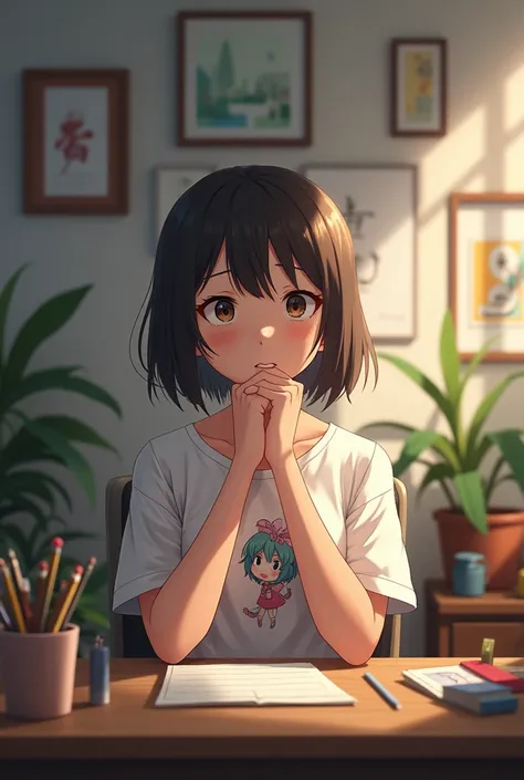 Girl sitting at her desk in her room looking straight ahead, Brunette with short black hair wearing a loose anime t-shirt 