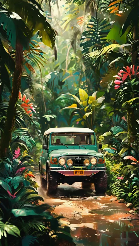 Impressive 80&#39;s、Running through the dense jungle、4WD、Incorporate vibrant pastel colors, Refined lines, Retro Summer Vibes、Vintage Contemporary Art with a Modern twist. Emotional atmosphere、Stylish design like a music jacket
