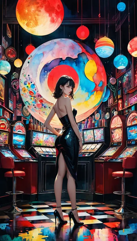 Beautiful woman standing, A fusion of watercolor and oil painting, Conceptual installation art, A fusion of acrylic and collage paintings, Tall and beautiful works of art, Dark Side of the Moon, Where nothing seems to exist, Filled with neon lights, casino...