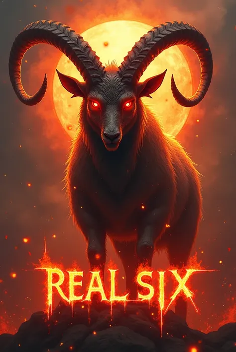 Free fire clan logo a goat with a crimson aura in the style of a fire demon with the name REAL SIX⁶⁶