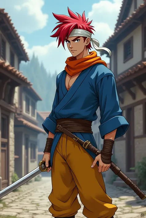 Young man with white band on forehead, the red hair dragon ball style, orange scarf around the neck, blue medieval clothes, yellow leather pants, holding a katana in her hand, in a medieval village, in dark cinematic realistic animation style