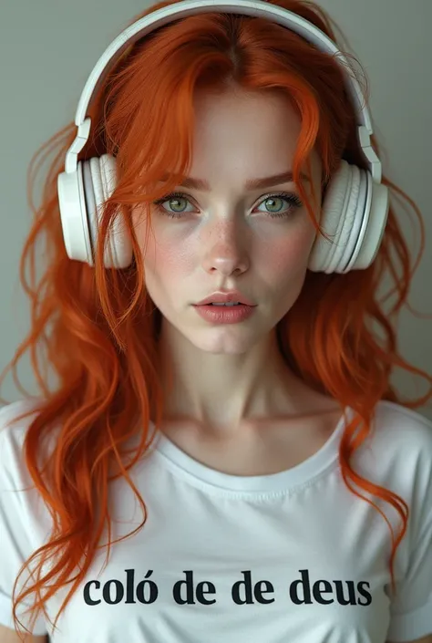 Redheaded woman with a t-shirt that says "colo de de Deus" and white headphones and headset. Super realistic and detailed.