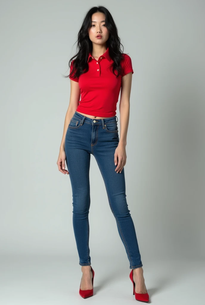 Bergaya photography,beautiful korean women,black hair,ideal body,solid chest,wearing a red tight tennis polo,wearing tight blue jeans,wearing red high heels,blowing a kiss,close eyes,best quality 8k hd,detail,photography, standing in full height, full body