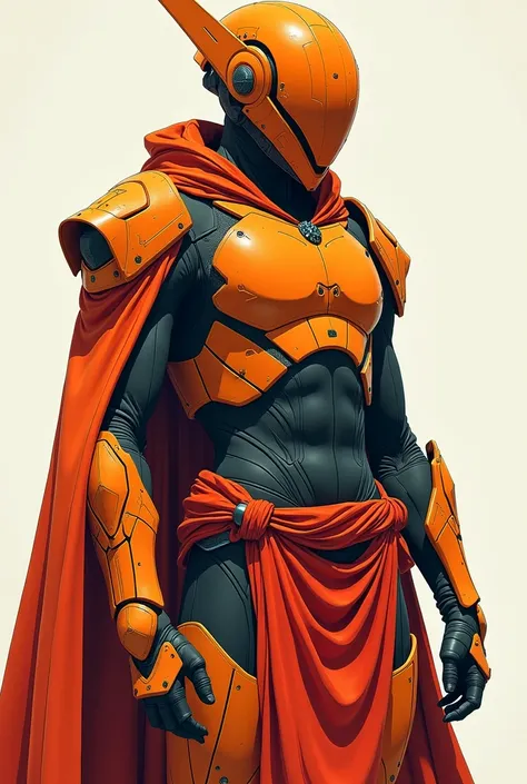 a hyper futuristic warrior in anime style, his armor consists of an orange helmet with sand-colored finishes, dark orange shoulder armor, he wears a dark orange cape and a red cloth falls from his belt, his armor is all orange and red