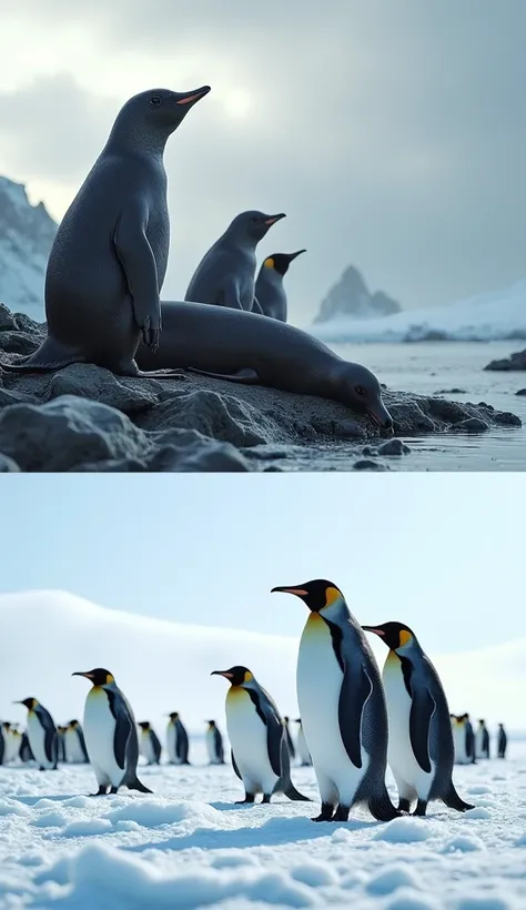 "Digitally created image split horizontally down the middle, featuring a group of seals on the top and a colony of penguins on the bottom. The seals, with their sleek bodies and wet, shiny fur, rest on a rocky shoreline against a backdrop of an icy, barren...