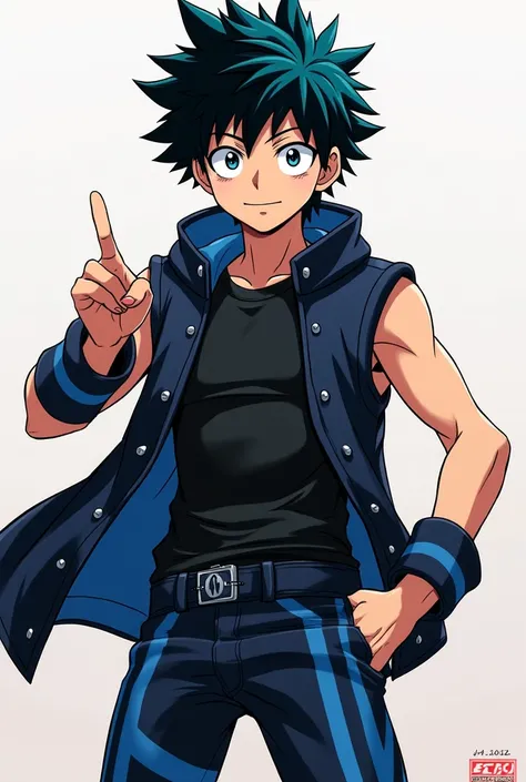 Sixteen year old boy with good physique and messy black hair with a navy blue lock wearing a tight black t-shirt, a sleeveless jacket with a hood, and black pants with blue stripes in My hero academia 