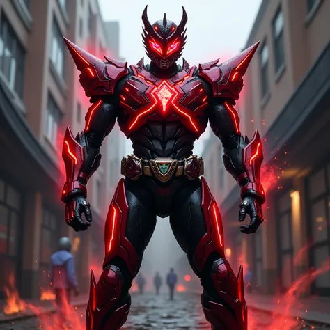 solo, Kamen Rider,Rider belt on waist,	1.	The main colors of the Coloring Liberation Form are、Black with vibrant red accents。Black represents the strength and calm of the Rebellion、Red represents unleashed power and passion.。Red lines running all over the ...