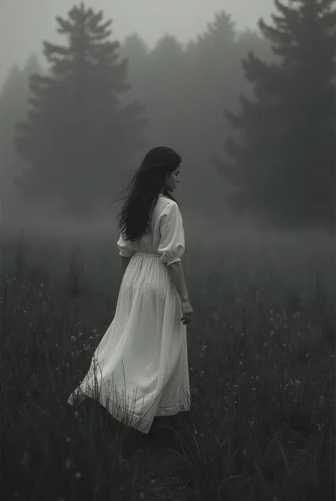 Woman, distant long camera shot, in white dress walking through a grassy field, woman in a dark forest, girl walking in a dark forest, beautiful with spooky vibes, photography by Alexey Kurylev, a still image of an ethereal, photography by Alexey Gurylev, ...