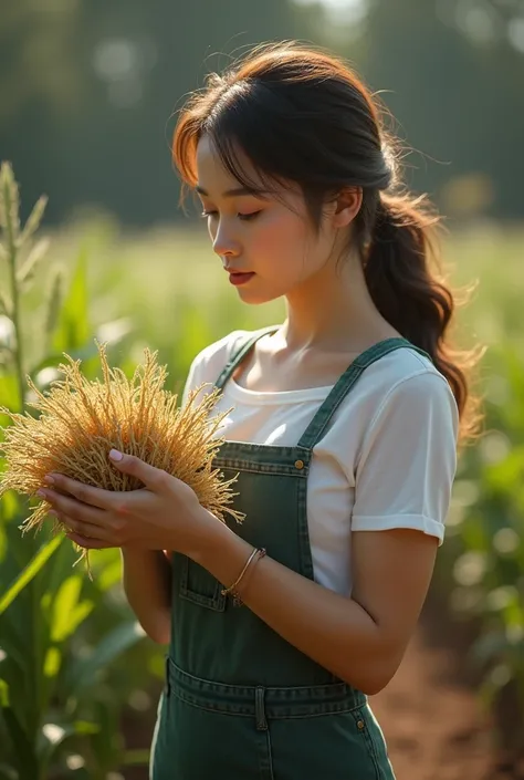 (photorealism:1.2), beautiful woman holding a crop from ground looking down at it front facing