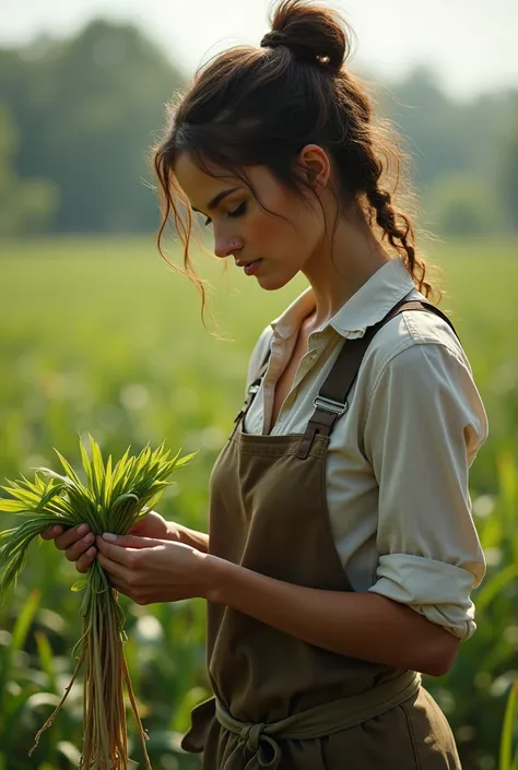  woman holding a crop from ground looking down at it front facing