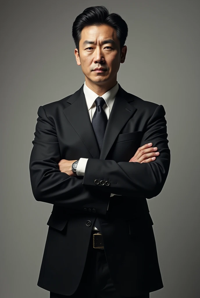 A handsome Japanese man in a suit with his arms crossed