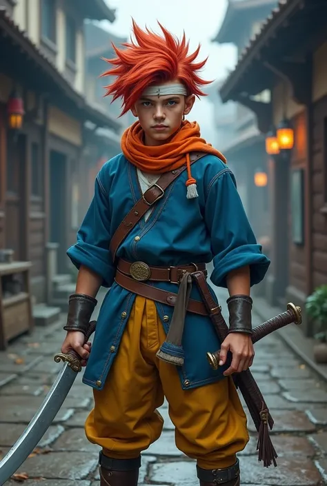 Young man with white band on forehead, the red hair dragon ball style, orange scarf around the neck, blue medieval clothes, yellow leather pants, blue leather side bag, holding a katana sword in his hands, in a medieval square, in dark cinematic style