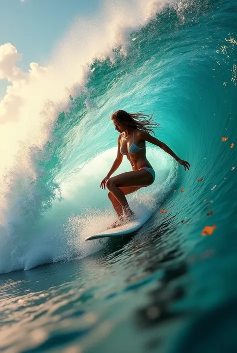 (1girl(surfer) riding surfboard in wave tunnel:1.3),quality(8k,wallpaper of extremely detailed CG unit, ​masterpiece,hight resolution,top-quality,top-quality real texture skin,hyper realisitic,increase the resolution,RAW photos,best qualtiy,highly detailed...