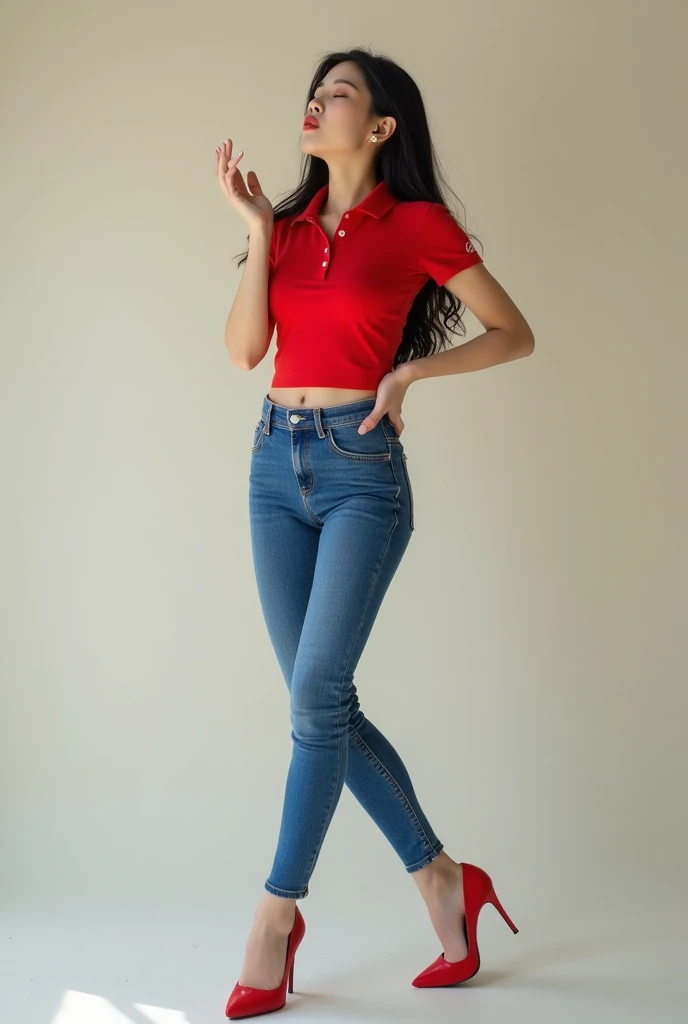 Bergaya photography,beautiful korean women,black hair,ideal body,solid chest,wearing a red tight tennis polo,wearing tight blue jeans,wearing red high heels,blowing a kiss sideways,close eyes,best quality 8k hd,detail,photography, standing in full height,f...