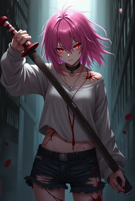 A cold girl with red eyes and pink hair without feelings and a murderous look in anime mode with a sword, with the wounded body