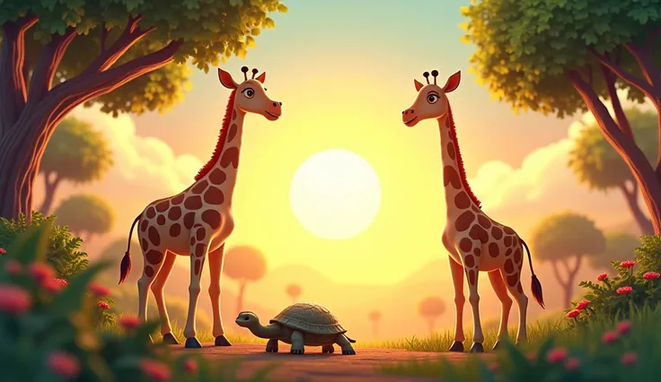 A sunrise. a giraffe. a mono. A turtle. In animated version 